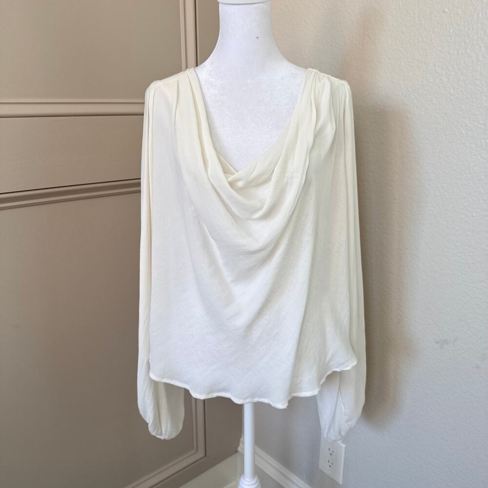 Free People Cream Drape Front Bishop Sleeve Blouse Oversized Boho Romantic S